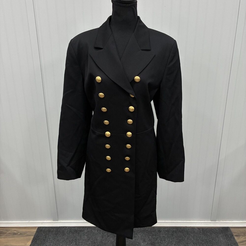 VTG J. Peterman Black Double Breasted Wool Officer's Peacoat Jacket Size 16